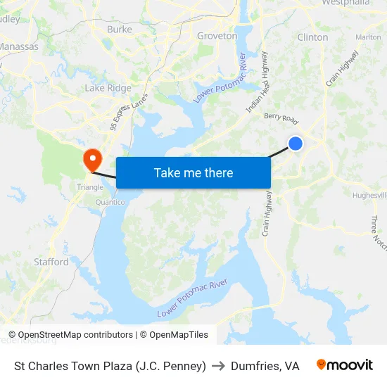 St Charles Town Plaza (J.C. Penney) to Dumfries, VA map