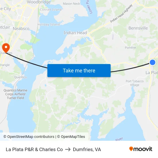 La Plata P&R & Charles Co to Dumfries, VA map