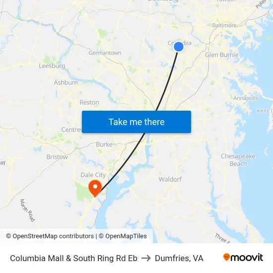Columbia Mall & South Ring Rd Eb to Dumfries, VA map