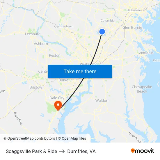 Scaggsville Park & Ride to Dumfries, VA map
