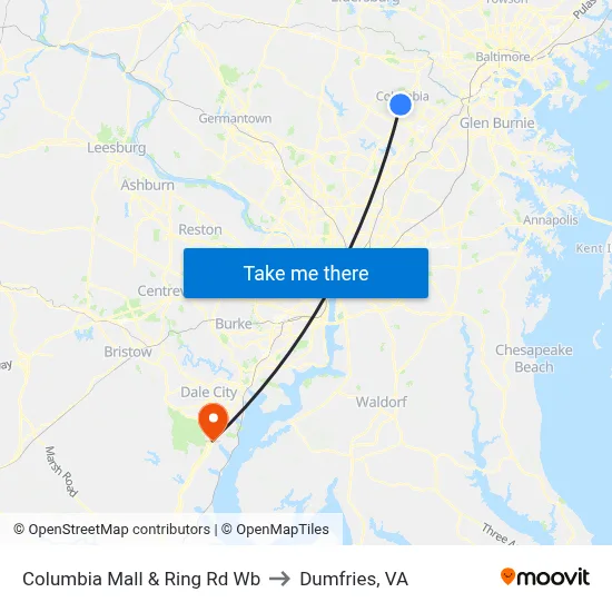 Columbia Mall & Ring Rd Wb to Dumfries, VA map