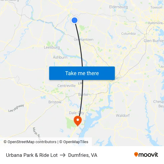 Urbana Park & Ride Lot to Dumfries, VA map