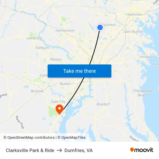 Clarksville Park & Ride to Dumfries, VA map