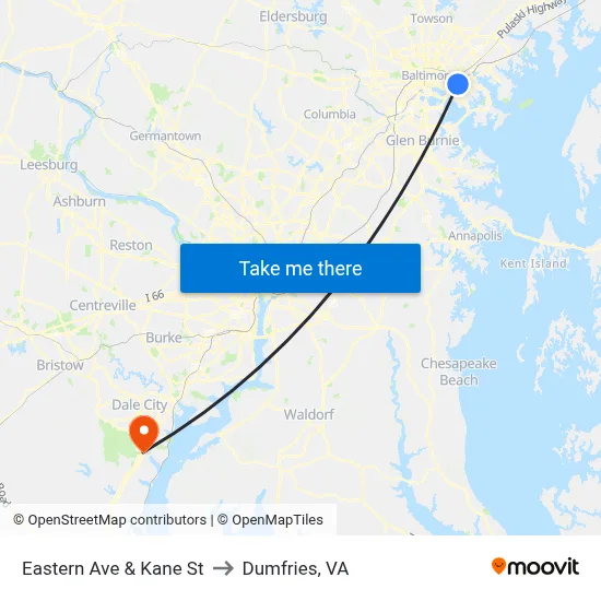 Eastern Ave & Kane St to Dumfries, VA map