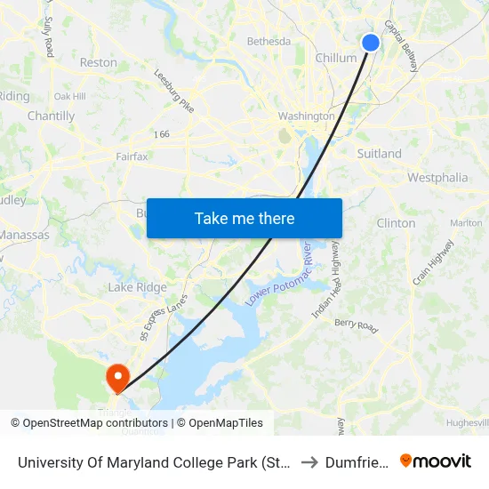 University Of Maryland College Park (Stadium Dr.) Nb to Dumfries, VA map
