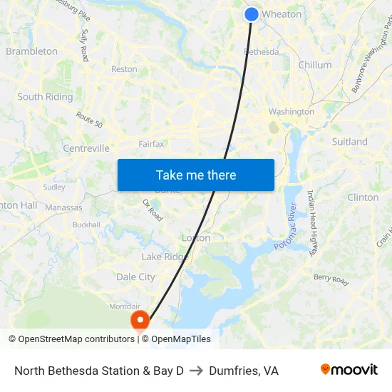 North Bethesda Station & Bay D to Dumfries, VA map