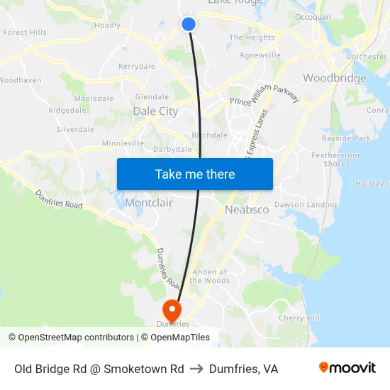 Old Bridge Rd @ Smoketown Rd to Dumfries, VA map