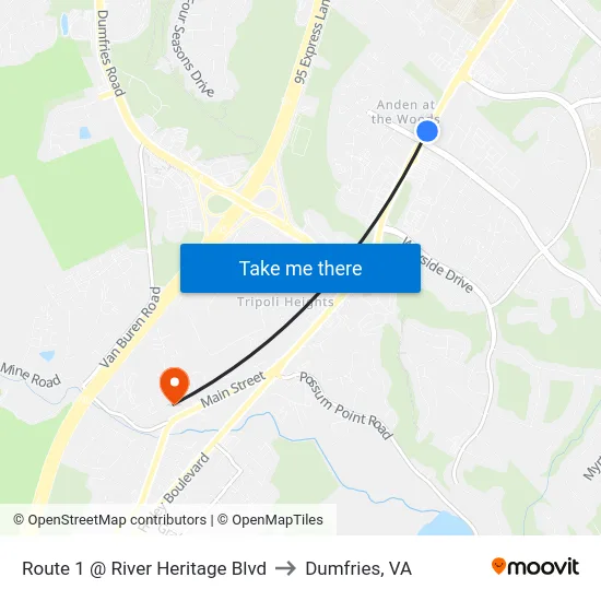 Route 1 @ River Heritage Blvd to Dumfries, VA map