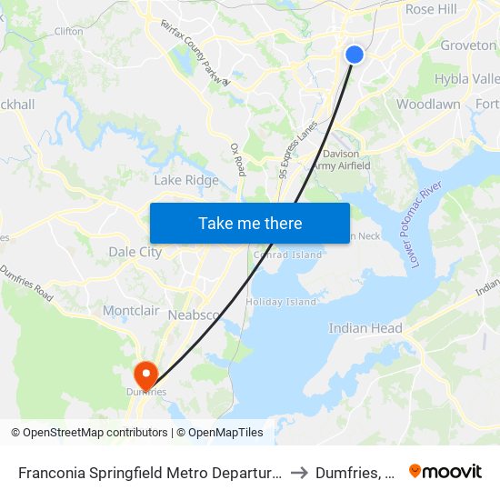 Franconia Springfield Metro Departures to Dumfries, VA map