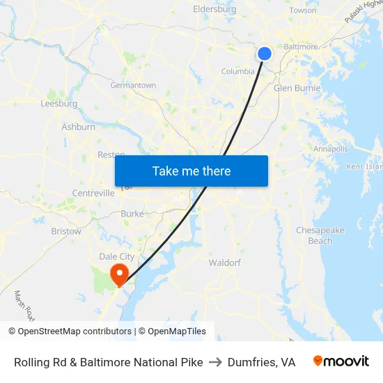Rolling Rd & Baltimore National Pike to Dumfries, VA map