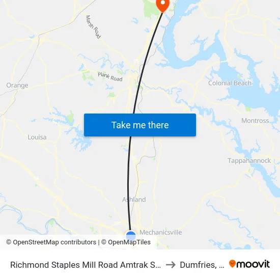 Richmond Staples Mill Road Amtrak Station to Dumfries, VA map