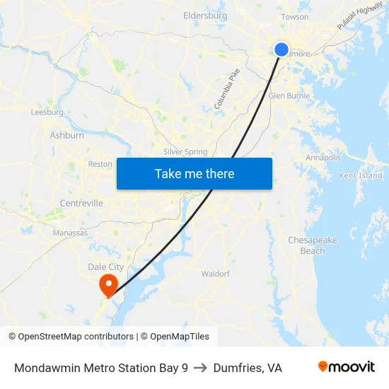 Mondawmin Metro Station Bay 9 to Dumfries, VA map