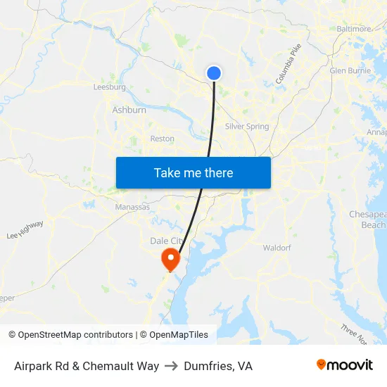 Airpark Rd & Chemault Way to Dumfries, VA map