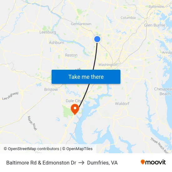 Baltimore Rd & Edmonston Dr to Dumfries, VA map
