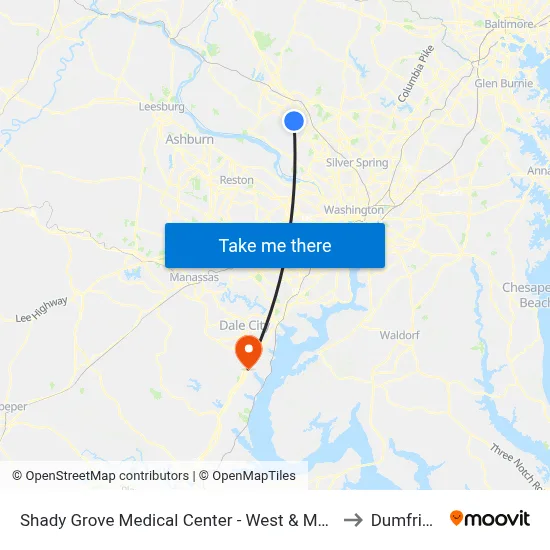 Shady Grove Medical Center - West & Medical Center Way to Dumfries, VA map