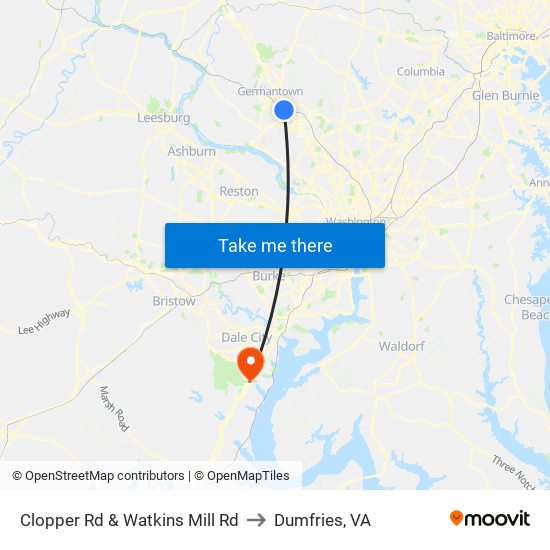 Clopper Rd & Watkins Mill Rd to Dumfries, VA map