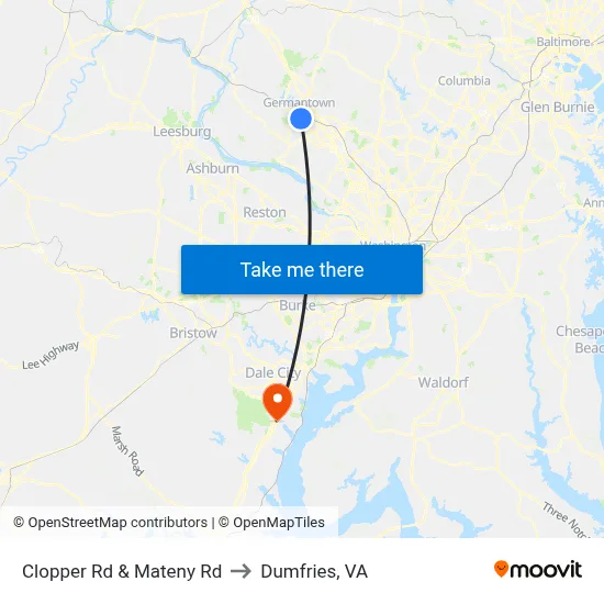 Clopper Rd & Mateny Rd to Dumfries, VA map