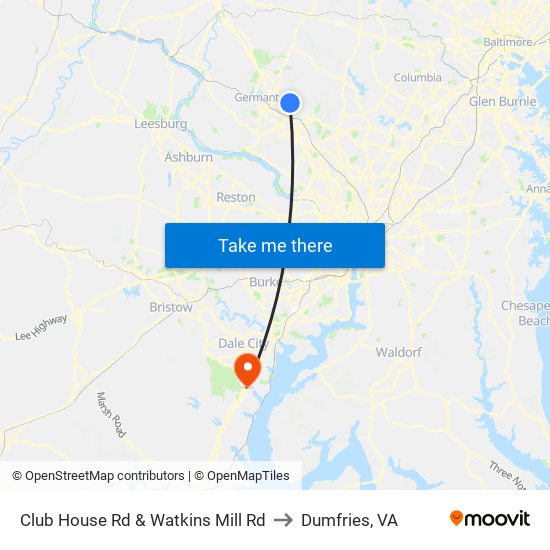 Club House Rd & Watkins Mill Rd to Dumfries, VA map