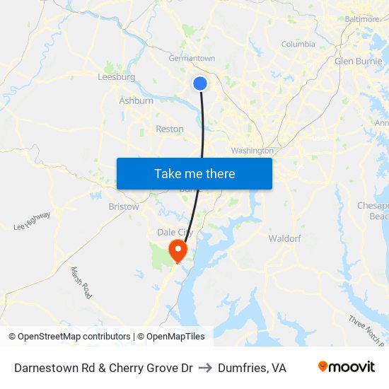 Darnestown Rd & Cherry Grove Dr to Dumfries, VA map