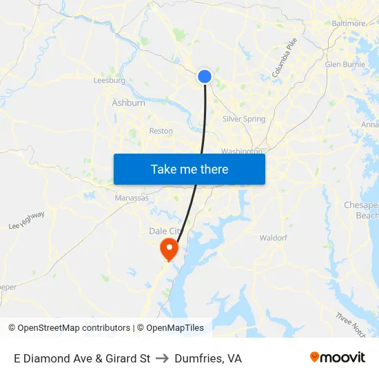 E Diamond Ave & Girard St to Dumfries, VA map