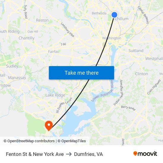 Fenton St & New York Ave to Dumfries, VA map