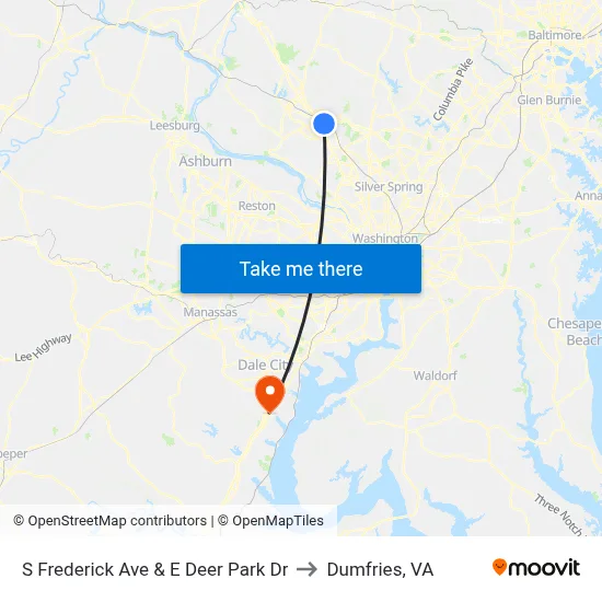 S Frederick Ave & E Deer Park Dr to Dumfries, VA map