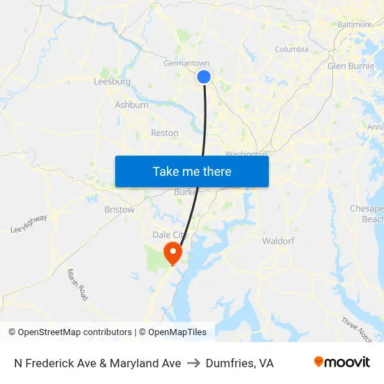 N Frederick Ave & Maryland Ave to Dumfries, VA map