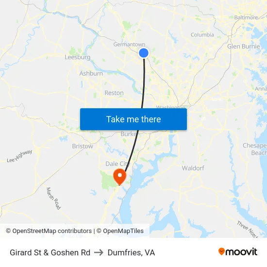 Girard St & Goshen Rd to Dumfries, VA map