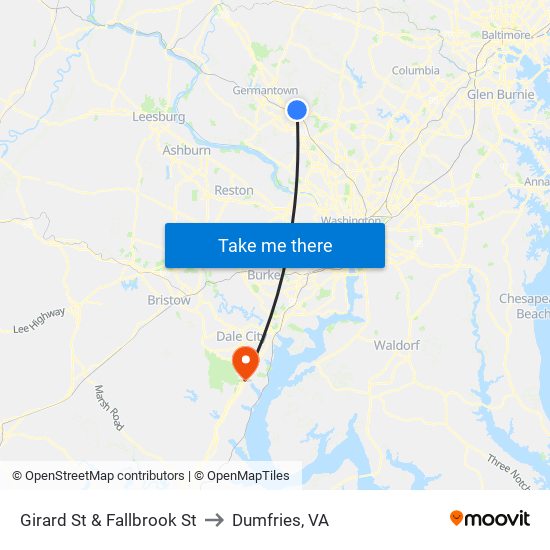 Girard St & Fallbrook St to Dumfries, VA map