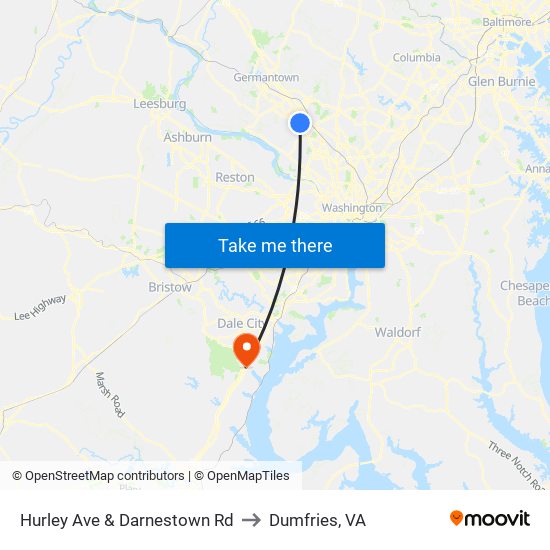 Hurley Ave & Darnestown Rd to Dumfries, VA map