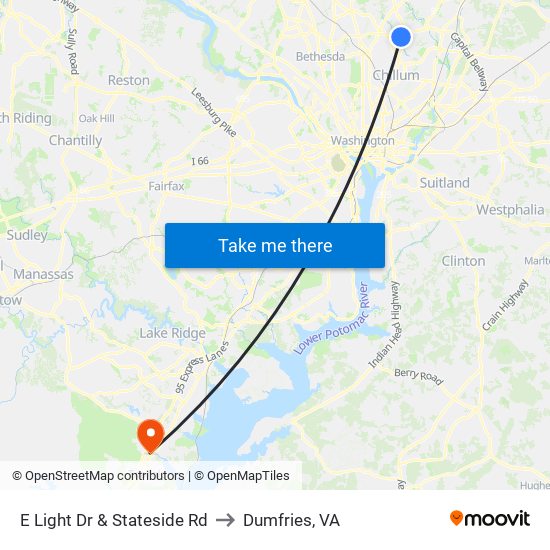 E Light Dr & Stateside Rd to Dumfries, VA map