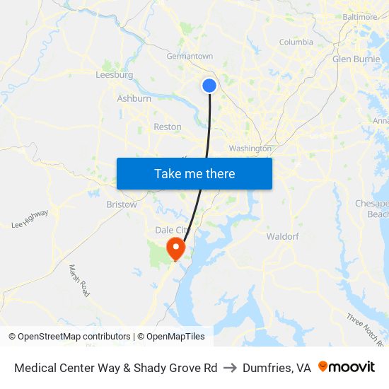 Medical Center Way & Shady Grove Rd to Dumfries, VA map