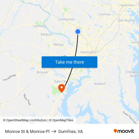 Monroe St & Monroe Pl to Dumfries, VA map