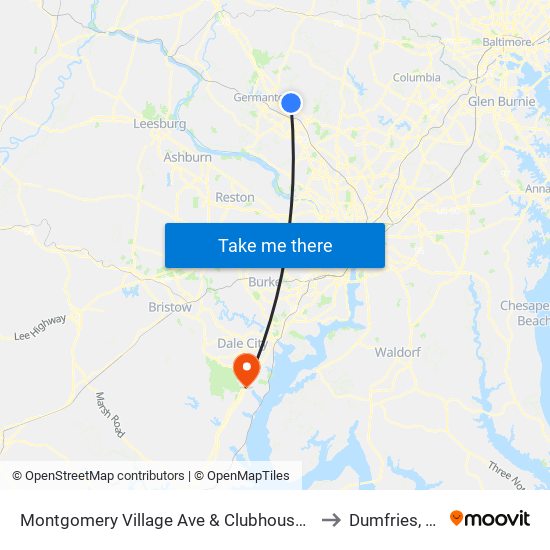 Montgomery Village Ave & Clubhouse Rd to Dumfries, VA map