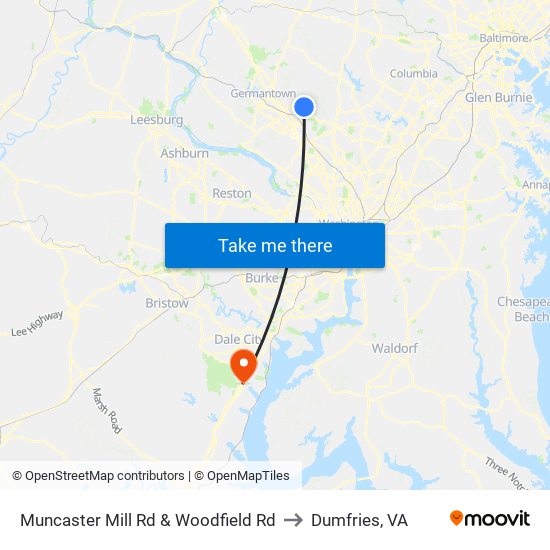 Muncaster Mill Rd & Woodfield Rd to Dumfries, VA map