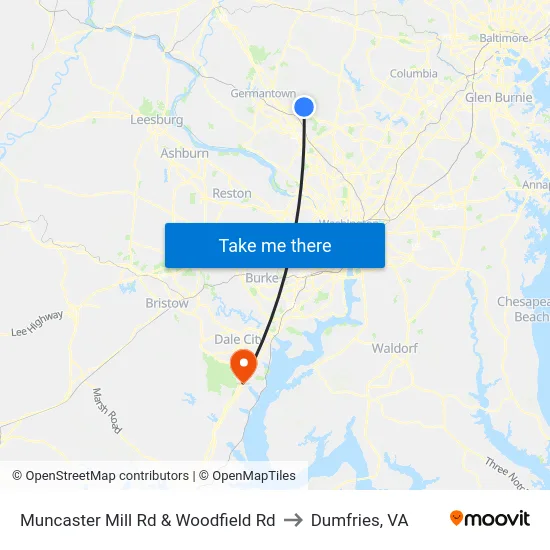 Muncaster Mill Rd & Woodfield Rd to Dumfries, VA map