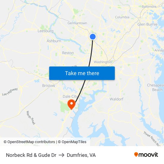 Norbeck Rd & Gude Dr to Dumfries, VA map