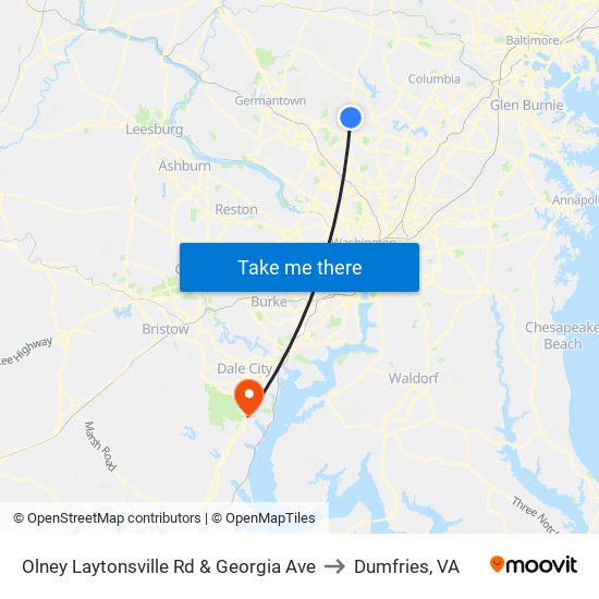 Olney Laytonsville Rd & Georgia Ave to Dumfries, VA map