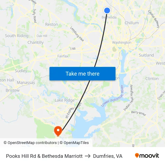 Pooks Hill Rd & Bethesda Marriott to Dumfries, VA map
