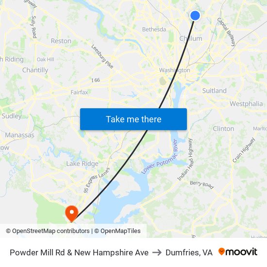 Powder Mill Rd & New Hampshire Ave to Dumfries, VA map