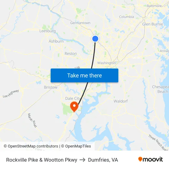 Rockville Pike & Wootton Pkwy to Dumfries, VA map