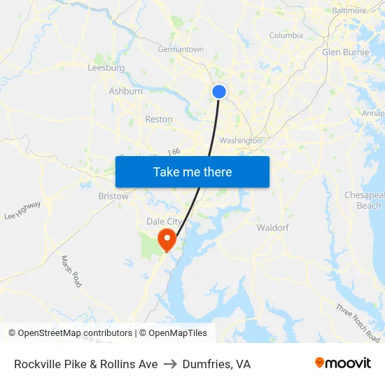 Rockville Pike & Rollins Ave to Dumfries, VA map