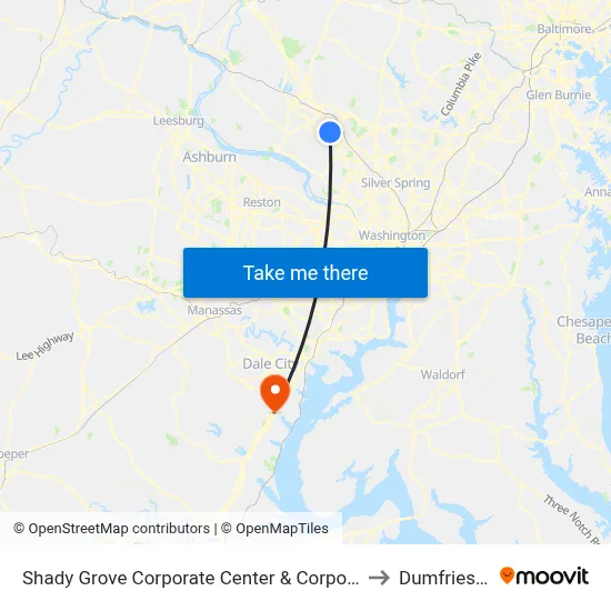 Shady Grove Corporate Center & Corporate Blvd to Dumfries, VA map