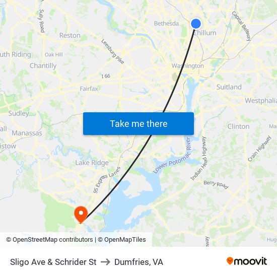 Sligo Ave & Schrider St to Dumfries, VA map