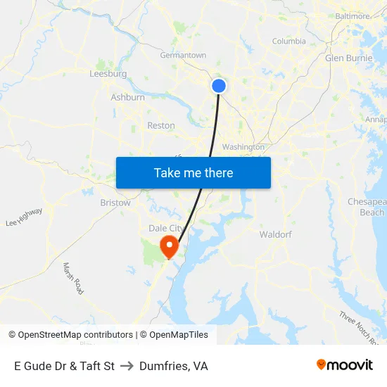 E Gude Dr & Taft St to Dumfries, VA map
