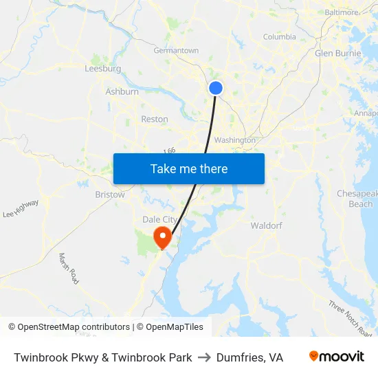 Twinbrook Pkwy & Twinbrook Park to Dumfries, VA map