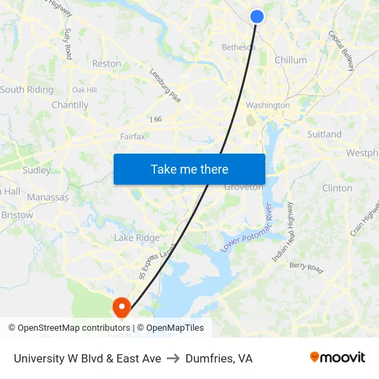 University W Blvd & East Ave to Dumfries, VA map