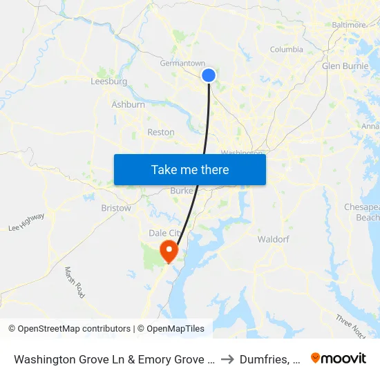 Washington Grove Ln & Emory Grove Rd to Dumfries, VA map