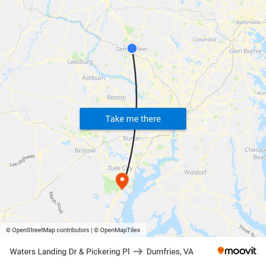 Waters Landing Dr & Pickering Pl to Dumfries, VA map