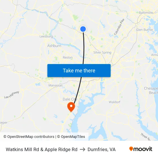 Watkins Mill Rd & Apple Ridge Rd to Dumfries, VA map